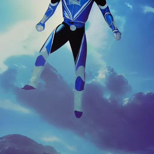 Prompt: a photograph of a power Ranger wearing a dolphin themed blue and white suit, 80s aesthetic, matte painting, concept art, 4k