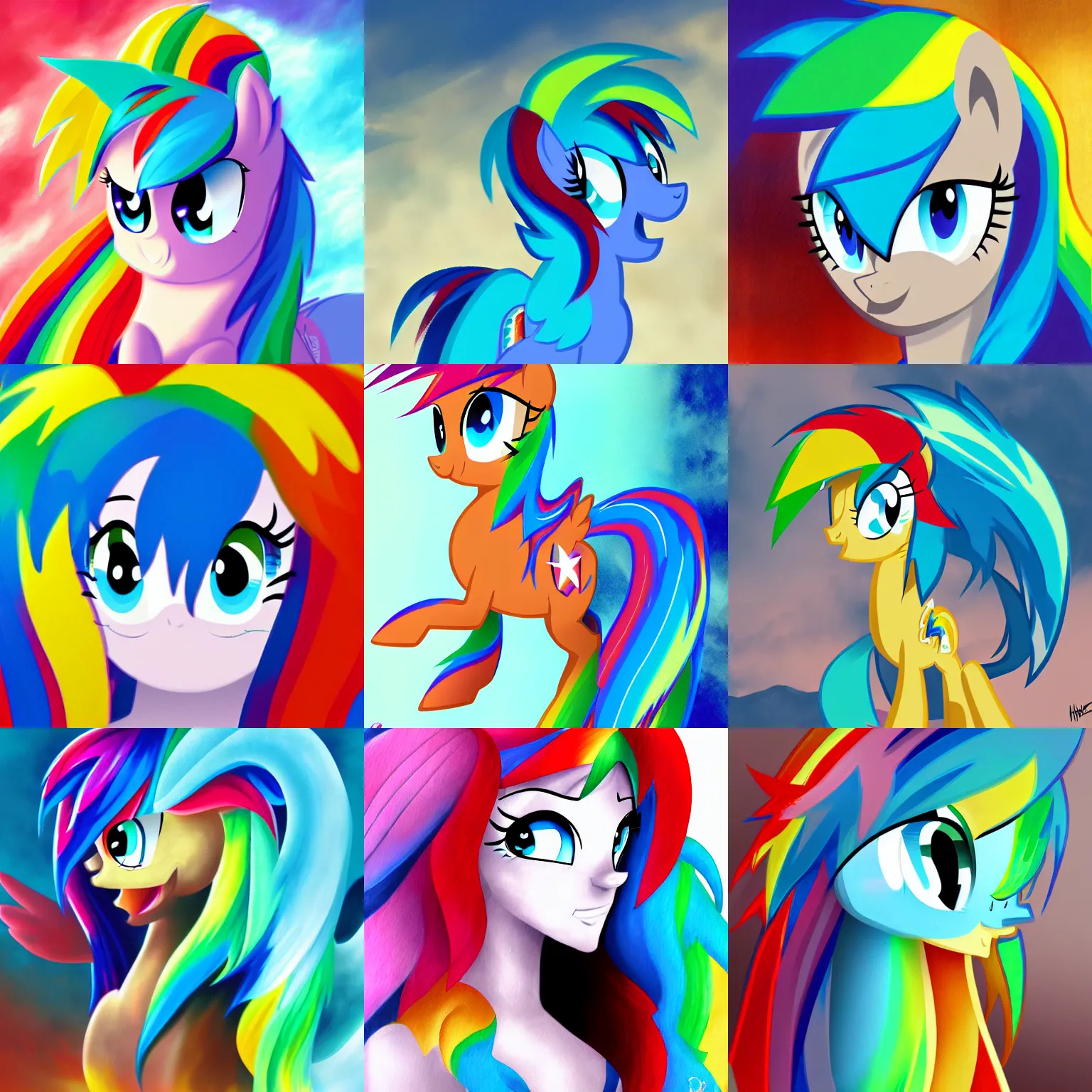 Prompt: illustration of Rainbow Dash, realistic painting, high definition, digital art, matte painting, very detailed, realistic