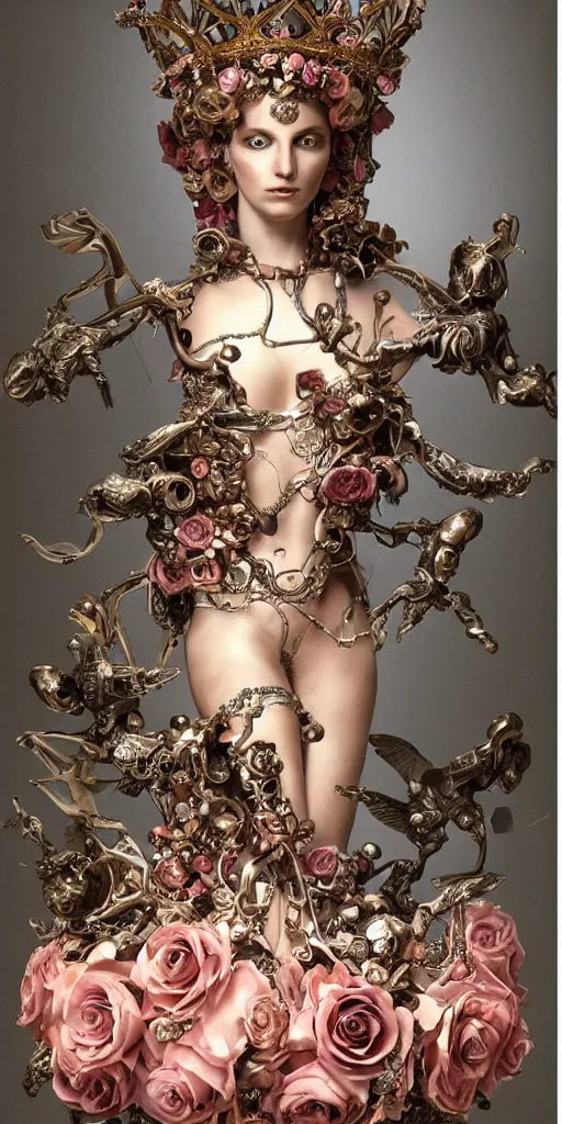 Image similar to a young beautiful Italian metal android with a large glowing pink crystal in the center of her chest, full-body bronze cyberpunk style statue of Andromeda with glowing red eyes, crown of mechanical peach roses, flowing peach silk, fabric, steampunk flowers. baroque elements, human skull. full-length view. baroque element. intricate artwork by caravaggio. many flying horses on background. Trending on artstation, octane render, cinematic lighting from the right, hyper realism, octane render, 8k, depth of field, 3D