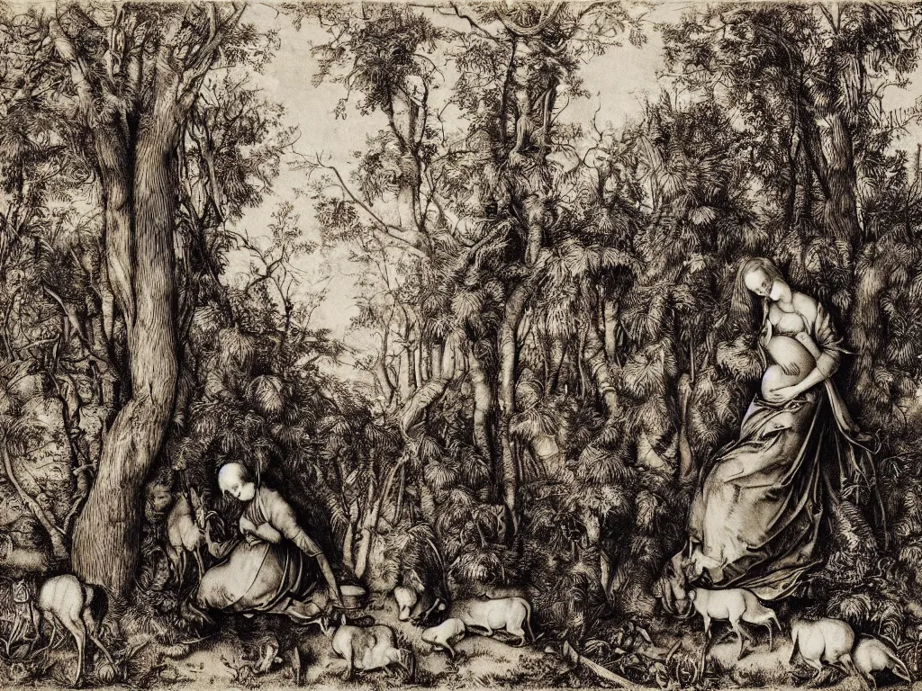 Image similar to portrait of a pregnant woman with deer in the forest. copper engraving by albrecht durer, august sander