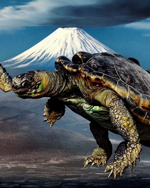 Image similar to photos of Gamera, the giant Turtle kaiju monster with an erupting Mount Fuji in the background, shot in the style of National Geographic, atmospheric, Japan, hyperreal