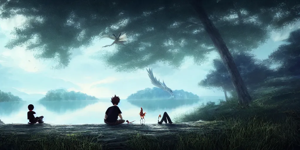 Image similar to a silver dragon and a boy sitting next to lake in forest, many fireflys, at night, concept art, dof, cryengine, digital art, detailed background, makoto shinkai