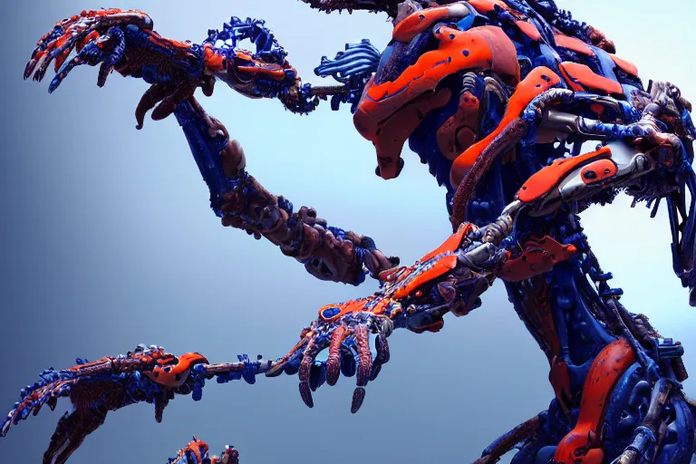 Image similar to portrait of a posed hyper detailed kaki and ultramarine leaplasher evangelion realistic mechanical and fleshy organic creature similar look as horizon forbidden west horizon zero dawn bioluminiscence in a dark deep forest at dawn in spring, with reflection and textures, by kilian eng, substance painter reaslitic mech surface metal painted scratches