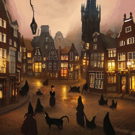 Image similar to A bustling magical town with witches flying on their broom and black cats laying around inspired by Victorian England and Amsterdam, concept art, matte painting, trending on art station, ultra high quality, masterpiece