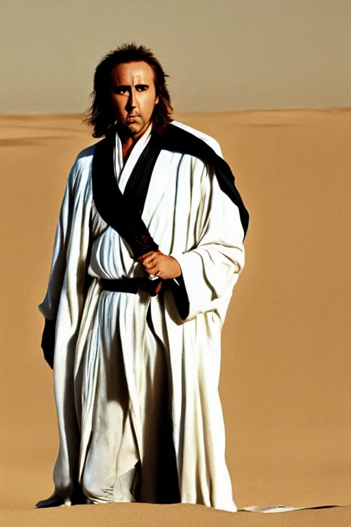 Image similar to A portrait photograph of Nicolas Cage as Luke Skywalker, wearing a white robe, in the dunes of Tatooine, award winning, by Annie Liebowitz