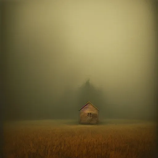 Prompt: painting of a small wood house, foggy night scene, todd hido