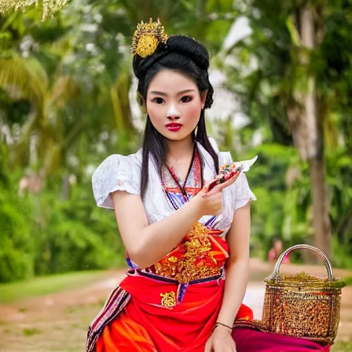 Prompt: Thai pretty girl in 18th century traditional costume