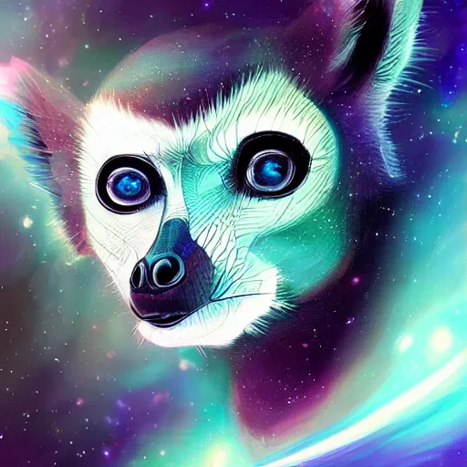 Prompt: geometric lemur with galaxy eyes in space, nebula in the background, intricate, elegant, highly detailed, digital painting, artstation, concept art, smooth, sharp focus, illustration, art by artgerm
