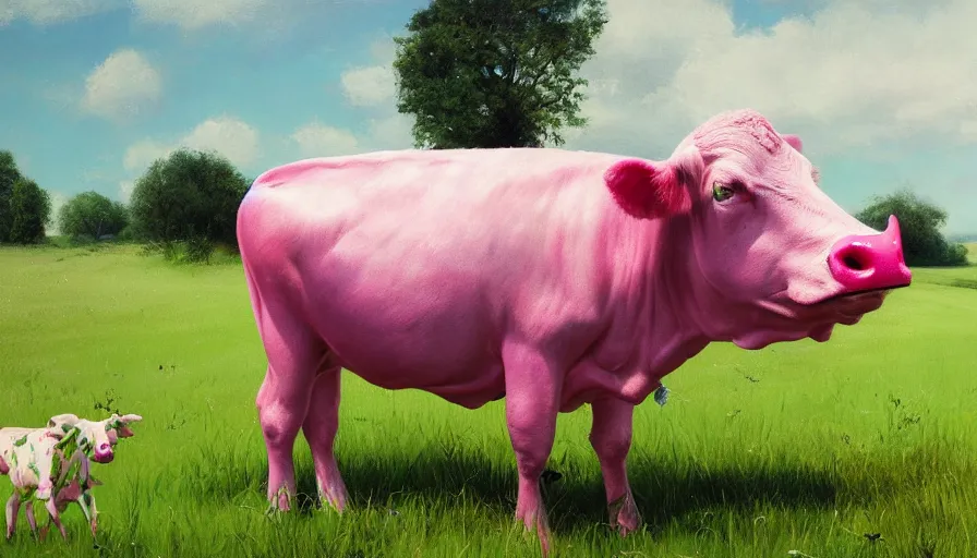 Prompt: pink cow in green field, hyperdetailed, artstation, cgsociety, 8 k
