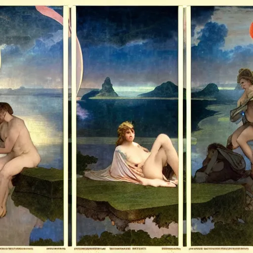 Image similar to The palace on the clouds, moon reflecting on the water, thunderstorm, greek pool, beach and Tropical vegetation on the background major arcana sky, by paul delaroche, alphonse mucha and arnold böcklin, hyperrealistic 8k, award-winning, very very very detailed