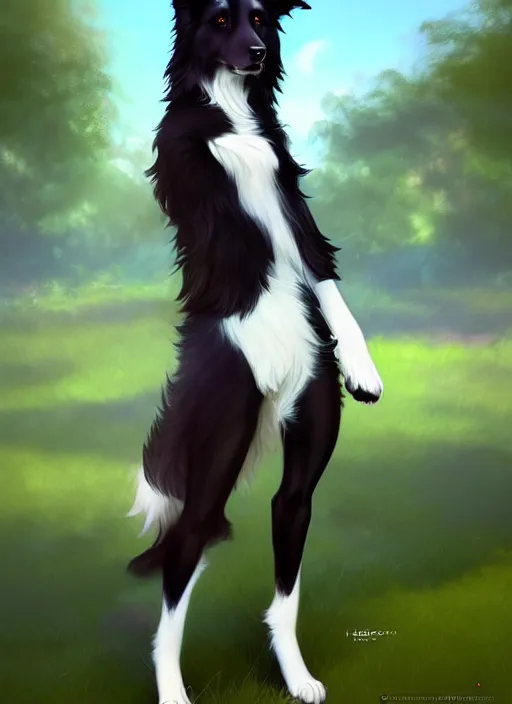 Image similar to wide angle beautiful full body portrait of a cute anthro male border collie fursona with two legs posing in front of a park, character design by charlie bowater, henry asencio, and ross tran, furry art, furaffinity, scenic background, beautiful, glamor pose, detailed, aesthetic, trending on artstation