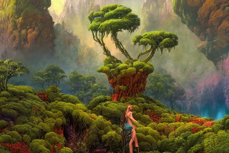 Prompt: digital painting of a lush natural scene on an alien planet by gerald brom. digital render. detailed. beautiful landscape. colourful weird vegetation. cliffs and water. misty and wet.