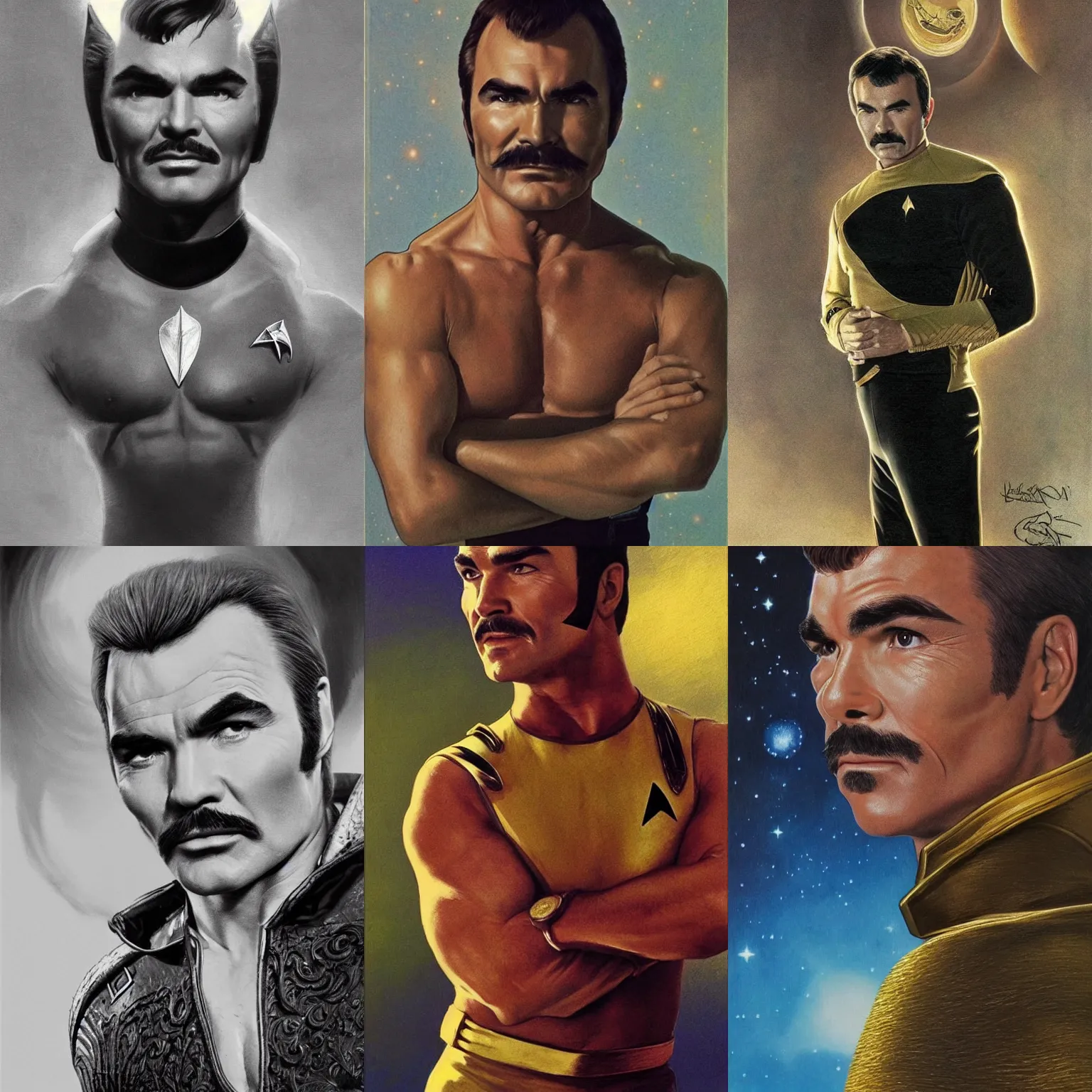 Prompt: a 1 9 6 9 photorealistic portrait photo of burt reynolds as captain kirk, sleek outfit, upper body, star trek, fantasy, handsome, depth of field, intricate details, realistic, national geographic cover, soft glow, textured, artstation, concept art, sharp focus, illustration, art by artgerm, greg rutkowski, alphonse mucha