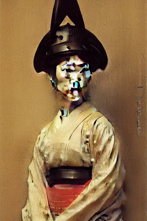 Image similar to portrait of a woman in samurai helmets, by bouguereau