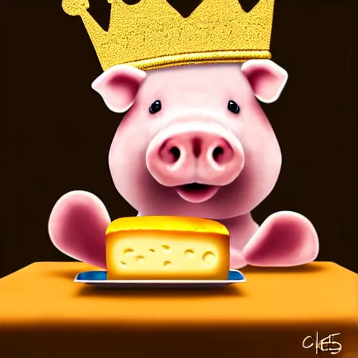 Image similar to realistic photo of a cute velvet plush pig wearing a gold crown eating cheese at a table with a bib on, high quality, cinematic concept art