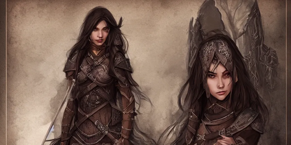 Image similar to 2 5 years old women : : dark straight hair : : brown medieval cloting, light armor, natural materials : : high detail, digital art, illustration, realistic, rpg, fantasy