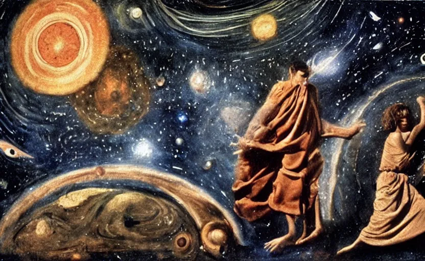 Image similar to scene from cosmologica ( 1 9 6 9 ), a movie by luchino visconti showing a man played by mastroianni leaving the medieval cosmos to enter the new modern universe in the style of renaissance cosmological painting. blue sky with a lot of stars and planets. cinematic, technicolor, direct lighting, highly detailed, highly intricate.