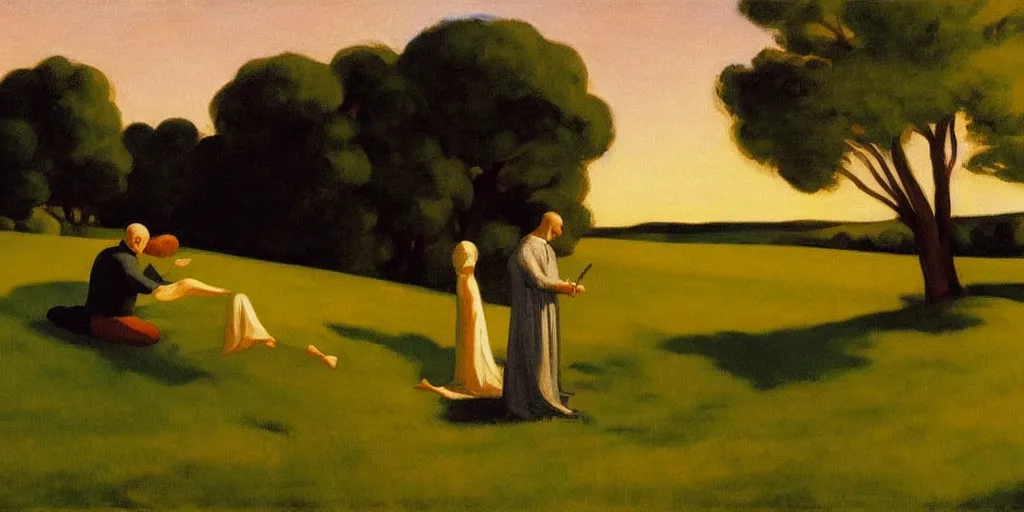 Prompt: killing biblical Matthew with a scream on a pleasant meadow with trees and bushes, at the sunset, art by Edward Hopper