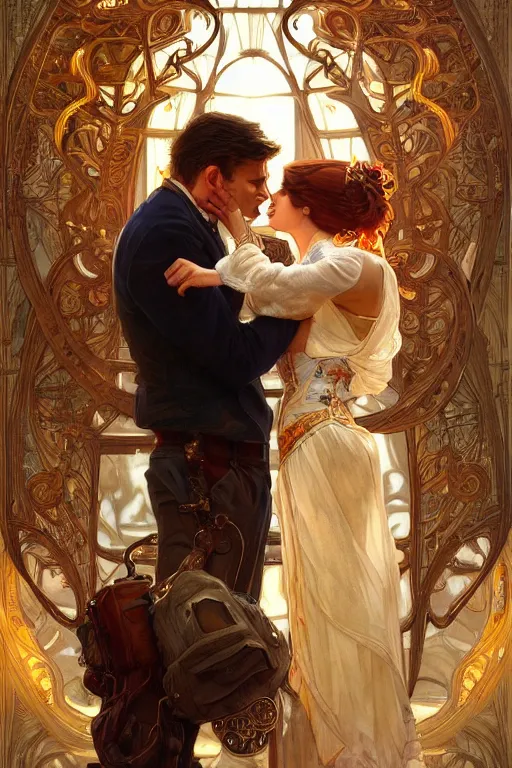 Prompt: portrait of a man in dhl van hugging his wife, feelings, romantic, fantasy, intricate, elegant, highly detailed, digital painting, artstation, concept art, smooth, sharp focus, illustration, art by artgerm and greg rutkowski and alphonse mucha