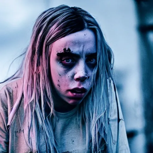 Image similar to Adult Billie Eilish as a zombie slayer, apocalypse, indie movie, movie still