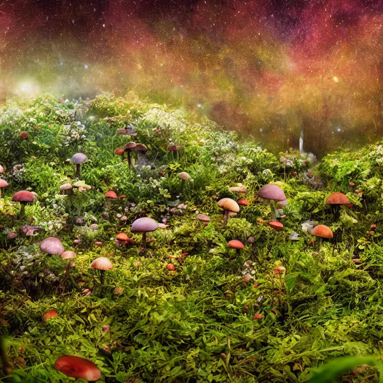 Image similar to a planet of various fungus, mushrooms, flowers and plants, inside the picture is infinity, Atmospheric, artistic photography, conceptual, long exposure outside the city, volumetric light