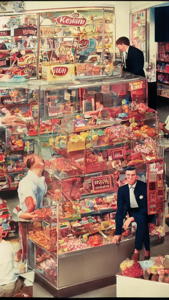 Image similar to 6 0 s photo of a business man in a candy shop, kodachrome