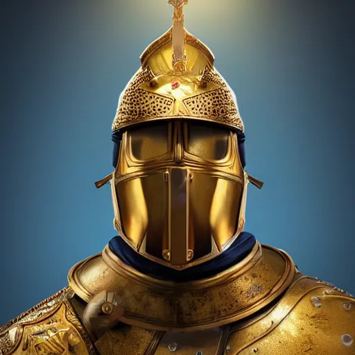 Image similar to a highly detailed knight in a T golden helmet and a golden crown with a blue diamond in the center, golden armor, leather clothes under the armor, leather gloves, holds a black sword, artstation, DeviantArt, professional, octane render, sunset lighting