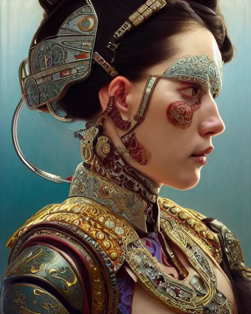 Image similar to portrait of a turkish masculine female cyberpunk machine, machine face, upper half portrait, decorated with ottoman opera motifs, muscular, asian, fine china, wuxia, traditional chinese art, intricate intense elegant, highly detailed symmetry headpiece digital painting artstation concept art smooth sharp focus illustration, art by artgerm and greg rutkowski alphonse mucha 8 k