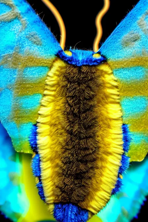 Prompt: high quality macro photo jelly furry moth! jeweled gorgeous! highly detailed david ligare elson peter cinematic blue neon lighting high quality low angle hd 8k sharp shallow depth of field