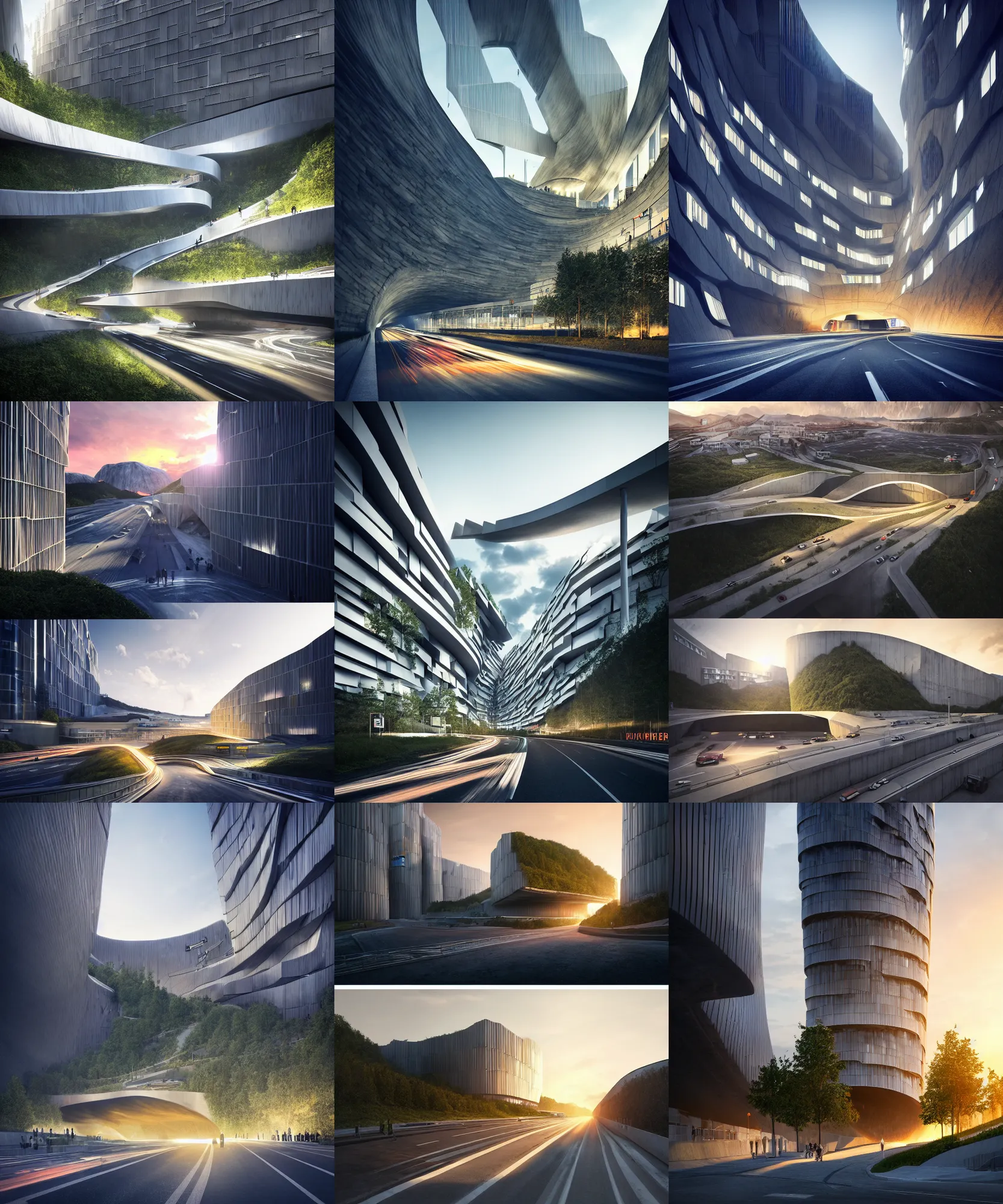 Prompt: denis villeneuve establishing shot of modern bjarke ingels condo building and gotthard tunnel entrance combined, roads tunnel under bjarke ingels condo building, lush environment, water, sunset raked lighting, scifi artstation digital concept art, unreal engine, hyper realism, wide shot