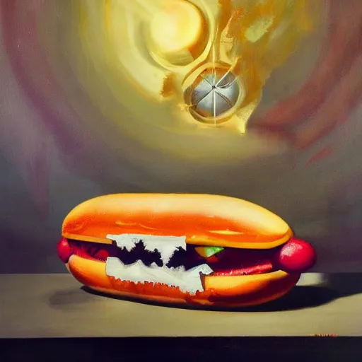 Prompt: a killian eng art deco style hotdog bazooka, oil on canvas, smooth, sharp focus, vibrant volumetric dark natural light, dark enlightenment, alchemy, citrinitas.