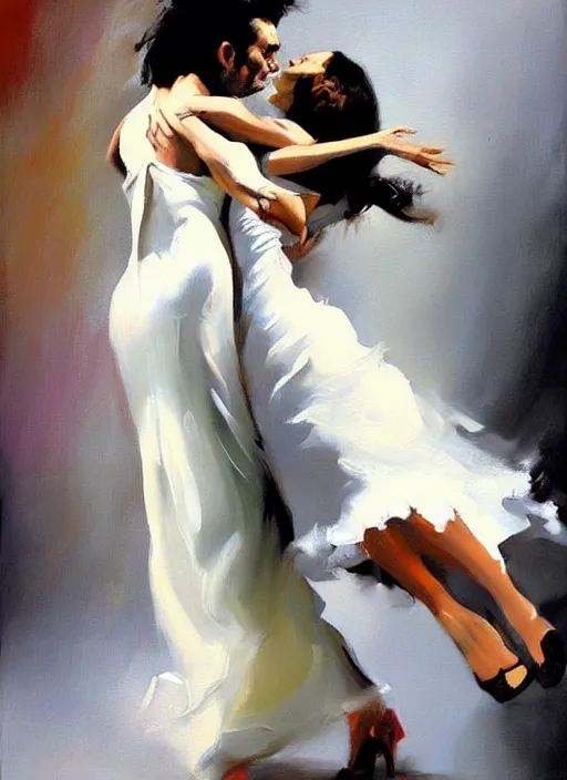 Prompt: sensual tango dancerin in white dress, painting by phil hale, fransico goya,'action lines '!!!, graphic style, visible brushstrokes, motion blur, blurry, visible paint texture, crisp hd image