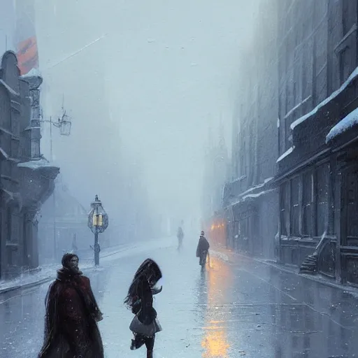 Image similar to two people in the street of london in winters, greg rutkowski style, trending on artstation