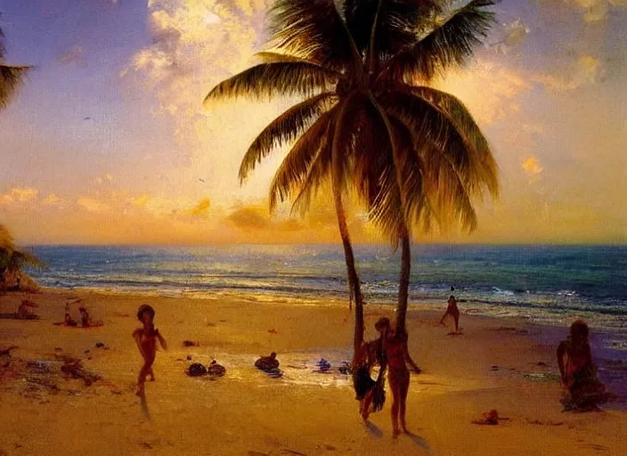 Image similar to a beautiful tropical beach with palm trees by alexander averin and delphin enjolras