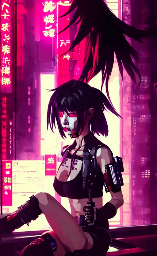 Image similar to cyberpunk anime girl sit in a night bar, cyberpunk oni mask, 3 / 4 shot, street night, beautiful face, grafity, arcane, detail, good face, pose model, concept art, in style of yoji shinkawa, pan ren wei, col price, atey ghailan, by greg rutkowski, aesthetic, digital painting, 3 d