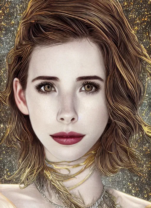 Prompt: glowing silver and golden elements, full close-up portrait, mixture of Emma Roberts, Sairone Miller, Elizabeth Brown Millerstone and Ryan Gosling as a dark witch, book cover, green forest, white moon, red lips, establishing shot, extremly high detail, photo-realistic, cinematic lighting, pen and ink, intricate line drawings, by Yoshitaka Amano, Ruan Jia, Kentaro Miura, Artgerm, post processed, concept art, artstation, matte painting, style by eddie mendoza, raphael lacoste, alex ross