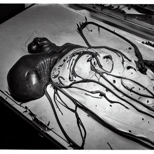 Prompt: photo of an alien autopsy, black and white, wide angle