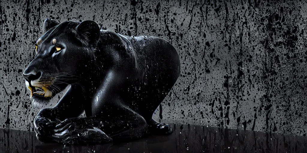 Image similar to the smooth black lioness, made of smooth black goo, in the zoo exhibit, viscous, sticky, full of black goo, covered with black goo, splattered black goo, dripping black goo, dripping goo, splattered goo, sticky black goo. photography, dslr, reflections, black goo, zoo, exhibit, raytraced, unreal engine 5