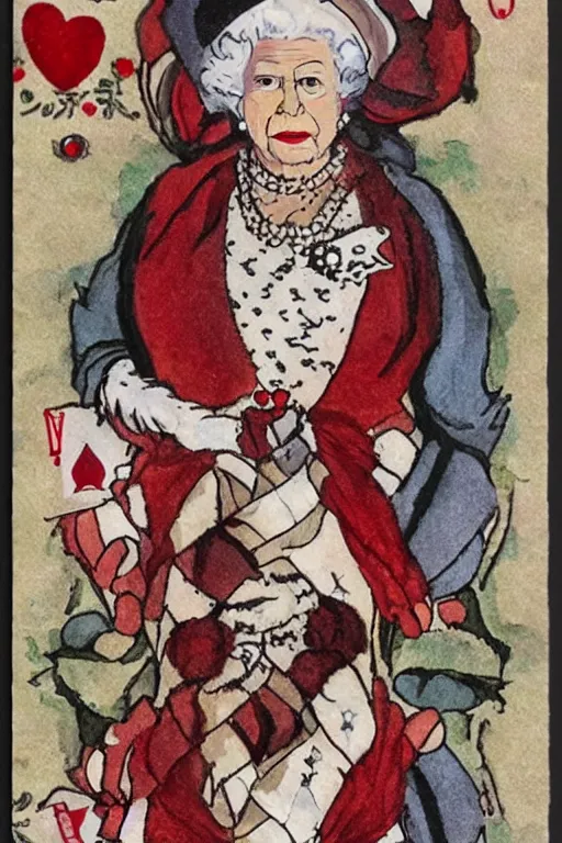 Prompt: queen elizabeth ii as quin of cards from alice in wonderlands