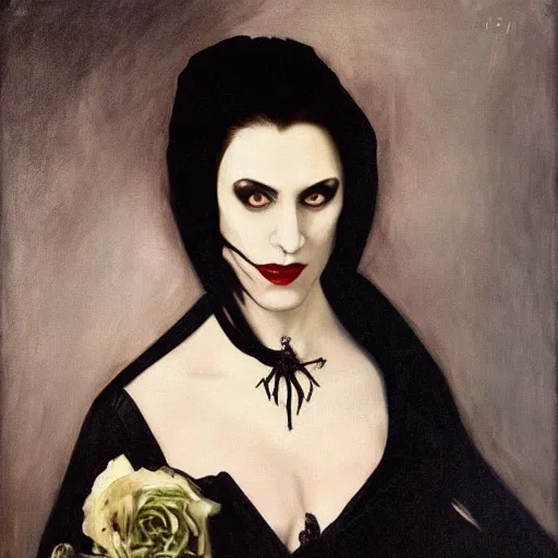 Prompt: A beautiful painting of a lady vampire, victorian, dracula, ominous, oil on canvas, photorealism, caravaggio, high definition, soft light