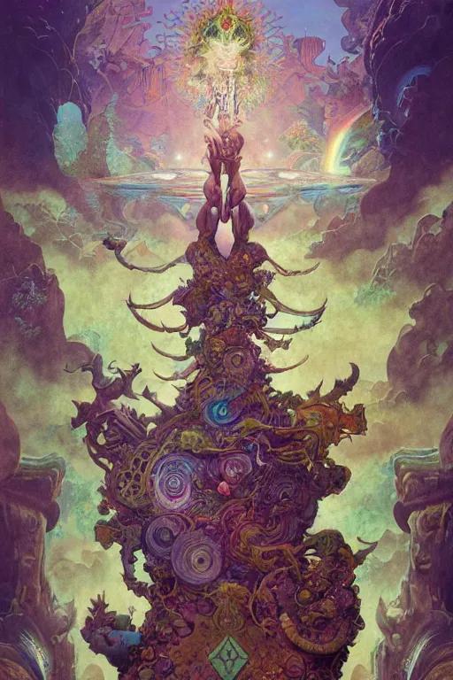 Prompt: the world, tarot card, fantasy drawing made of fractals, ultra realistic, wide angle, art nouveau, intricate details, rainbowshift, vivid colors, highly detailed by peter mohrbacher, wayne barlowe, maxfield parrish, aaron horkey, gaston bussiere, craig mullins