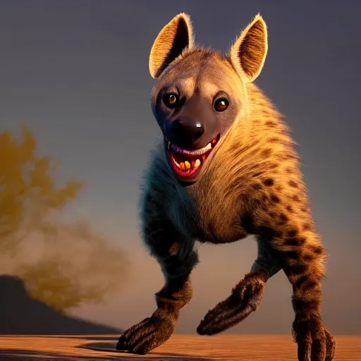 Prompt: portrait of a happy hyena dancing. pixar style animation 3 d extremely gloomy lighting, shining light and shadow, atmospheric, cinematic, unreal engine, 8 k