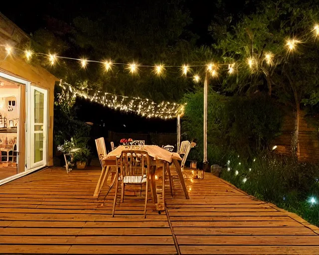 Prompt: a still photo of a backyard at night with fairy lights, house terrace on the side, warm lighting