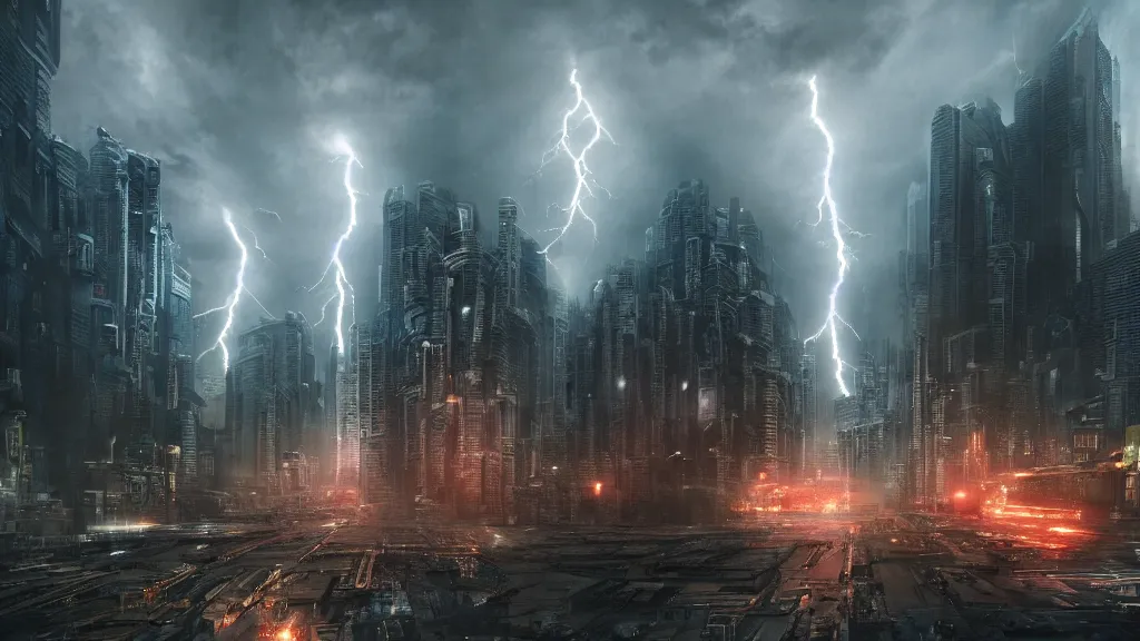 Image similar to a huge lightning strike destroying a dystopian city, cyberpunk, sharp focus, dynamic lights, still, photograph, hyper realistic, masterpiece, octane render, rendered, 3 d, cinematic, cinematic lighting, dramatic lighting, highly detailed, intricate details, texture, cinematic composition, wide shot, by donglu yu and kevin jick and eddie del rio