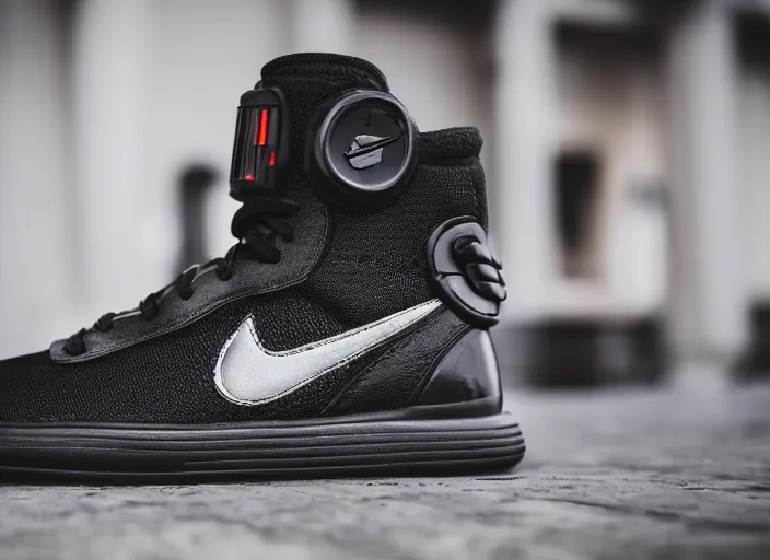 Image similar to product still of Darth Vader signature Nikes, 85mm f1.8