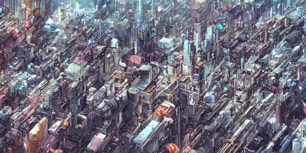 Image similar to Wide angle shot of a densely packed futuristic city, landscape, sci-fi, cyberpunk, Digital art, detailed, anime, artist Katsuhiro Otomo