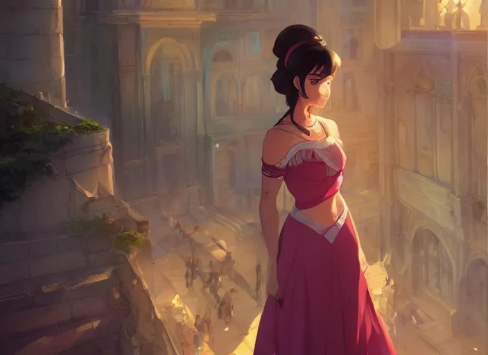 Image similar to full body portrait character concept art, oil painting anime key visual of princess jasmine, studio lighting delicate features finely detailed perfect face directed gaze, at an ancient city, gapmoe yandere grimdark, trending on pixiv fanbox, painted by greg rutkowski makoto shinkai takashi takeuchi studio ghibli