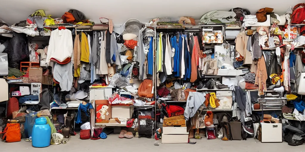 Prompt: a cluttered store room, hoarding, in the style of Jörg Immendorff