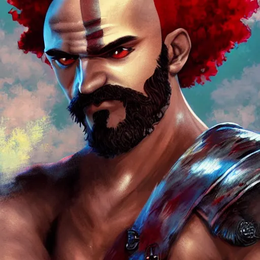 Prompt: kratos with an afro and a giant mustache, digital painting masterpiece, gorgeous brush strokes, advanced lighting technology, by shigenori soejima