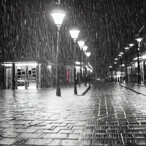 Prompt: Kson Souichou walking down the street at night, raining, street lights shining